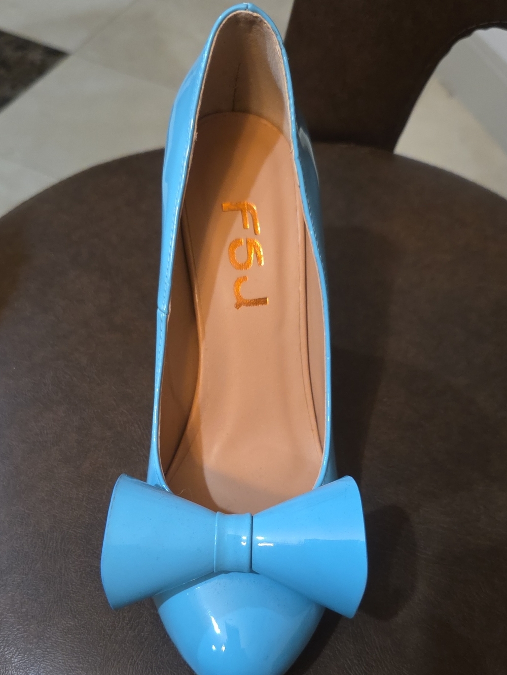 FSJ Light Blue Patent Pointed-Toe Heel with Oversized Bow